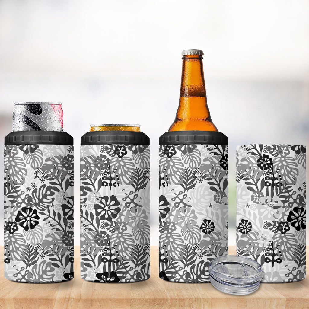 White Aloha Hawaiian 4 in 1 Can Cooler Tumbler Monstera Hibiscus Tropical Pattern