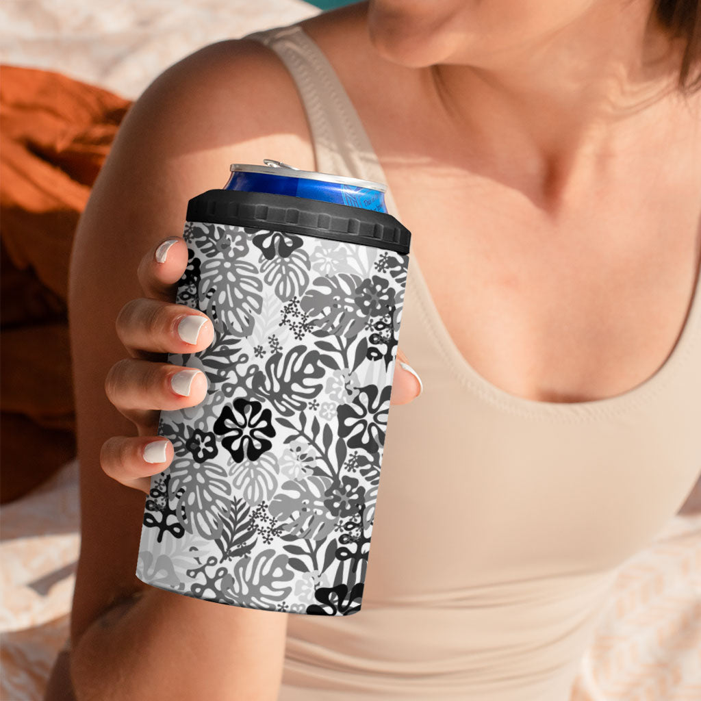 White Aloha Hawaiian 4 in 1 Can Cooler Tumbler Monstera Hibiscus Tropical Pattern