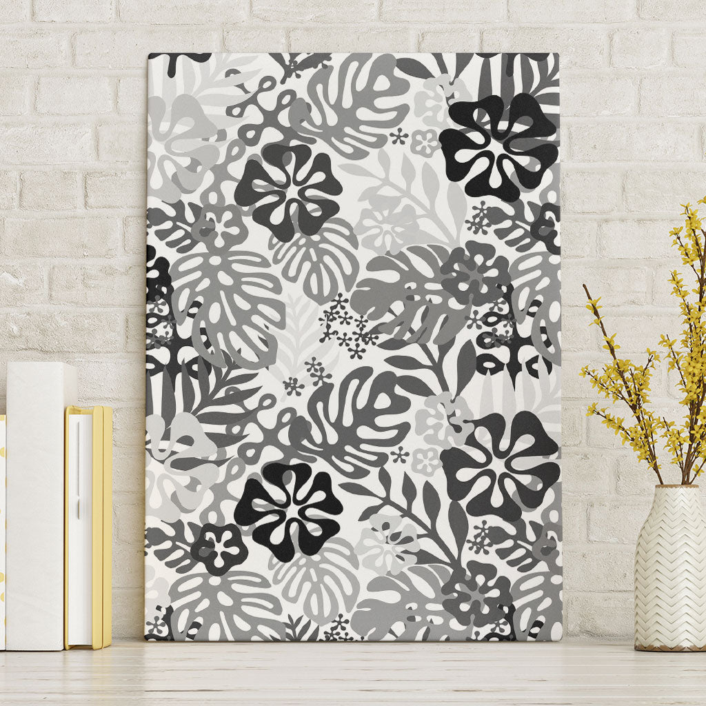 White Aloha Hawaiian Canvas Wall Art Monstera Hibiscus Tropical Pattern