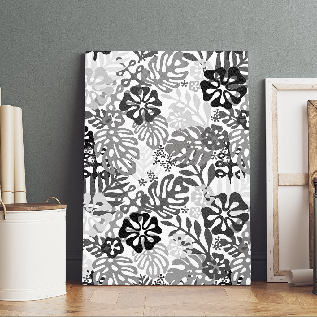 White Aloha Hawaiian Canvas Wall Art Monstera Hibiscus Tropical Pattern