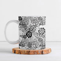White Aloha Hawaiian Ceramic Mug Monstera Hibiscus Tropical Pattern