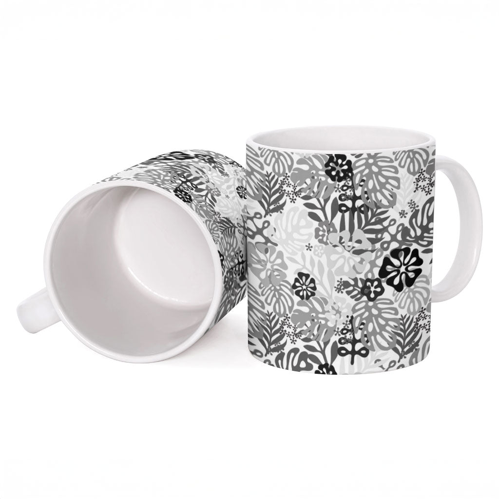 White Aloha Hawaiian Ceramic Mug Monstera Hibiscus Tropical Pattern