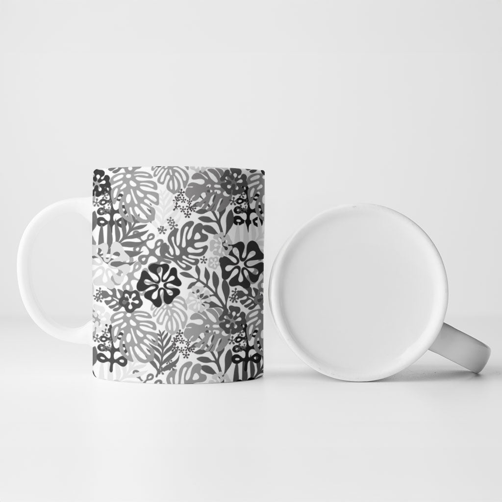 White Aloha Hawaiian Ceramic Mug Monstera Hibiscus Tropical Pattern
