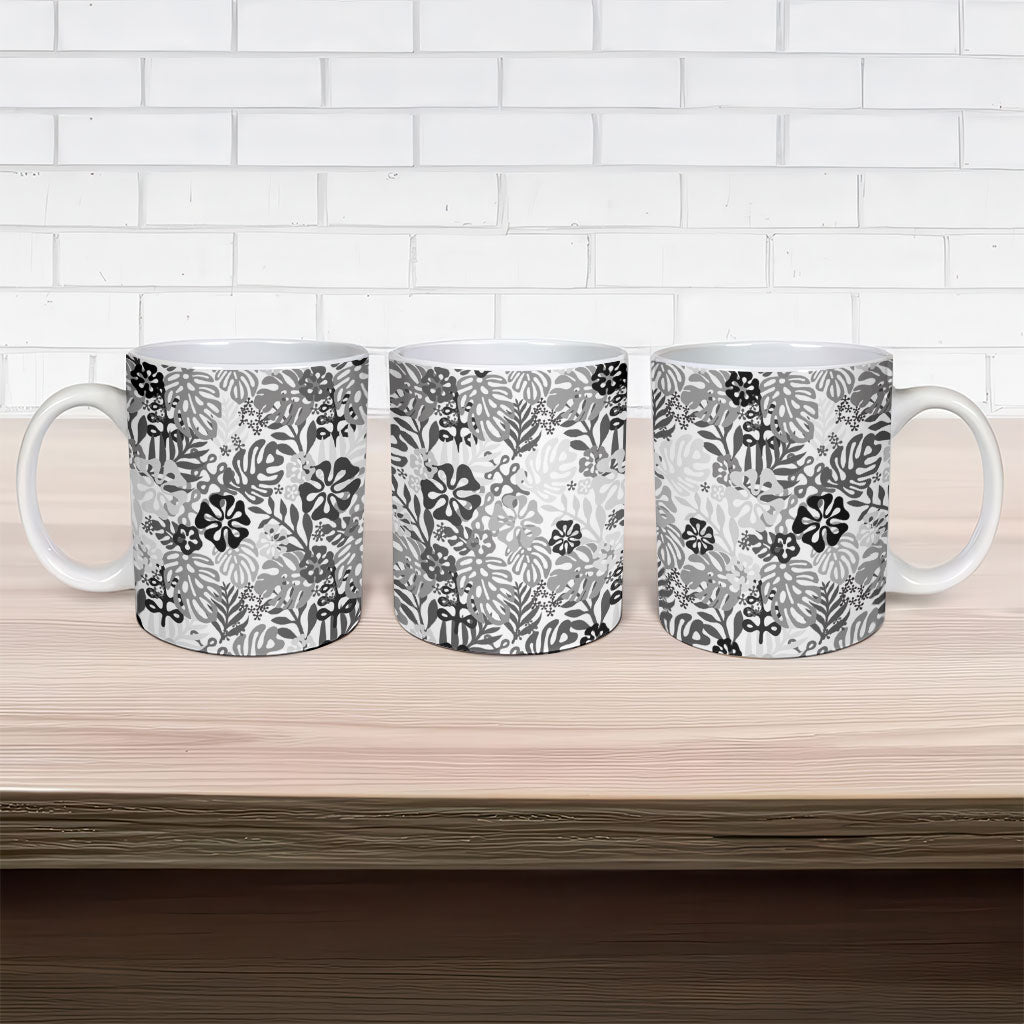 White Aloha Hawaiian Ceramic Mug Monstera Hibiscus Tropical Pattern