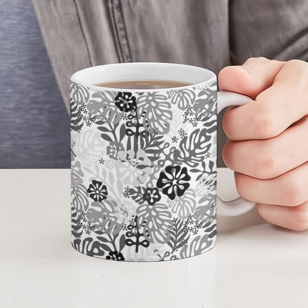 White Aloha Hawaiian Ceramic Mug Monstera Hibiscus Tropical Pattern