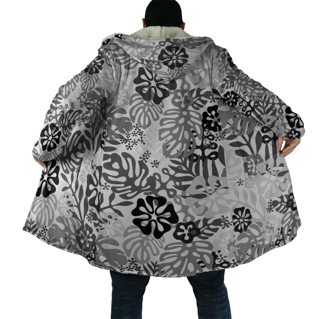 White Aloha Hawaiian Cloak Monstera Hibiscus Tropical Pattern
