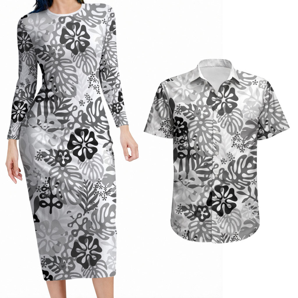 White Aloha Hawaiian Couples Matching Long Sleeve Bodycon Dress and Hawaiian Shirt Monstera Hibiscus Tropical Pattern