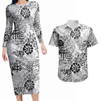 White Aloha Hawaiian Couples Matching Long Sleeve Bodycon Dress and Hawaiian Shirt Monstera Hibiscus Tropical Pattern