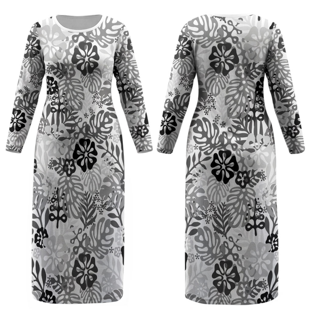 White Aloha Hawaiian Couples Matching Long Sleeve Bodycon Dress and Hawaiian Shirt Monstera Hibiscus Tropical Pattern