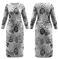 White Aloha Hawaiian Couples Matching Long Sleeve Bodycon Dress and Hawaiian Shirt Monstera Hibiscus Tropical Pattern