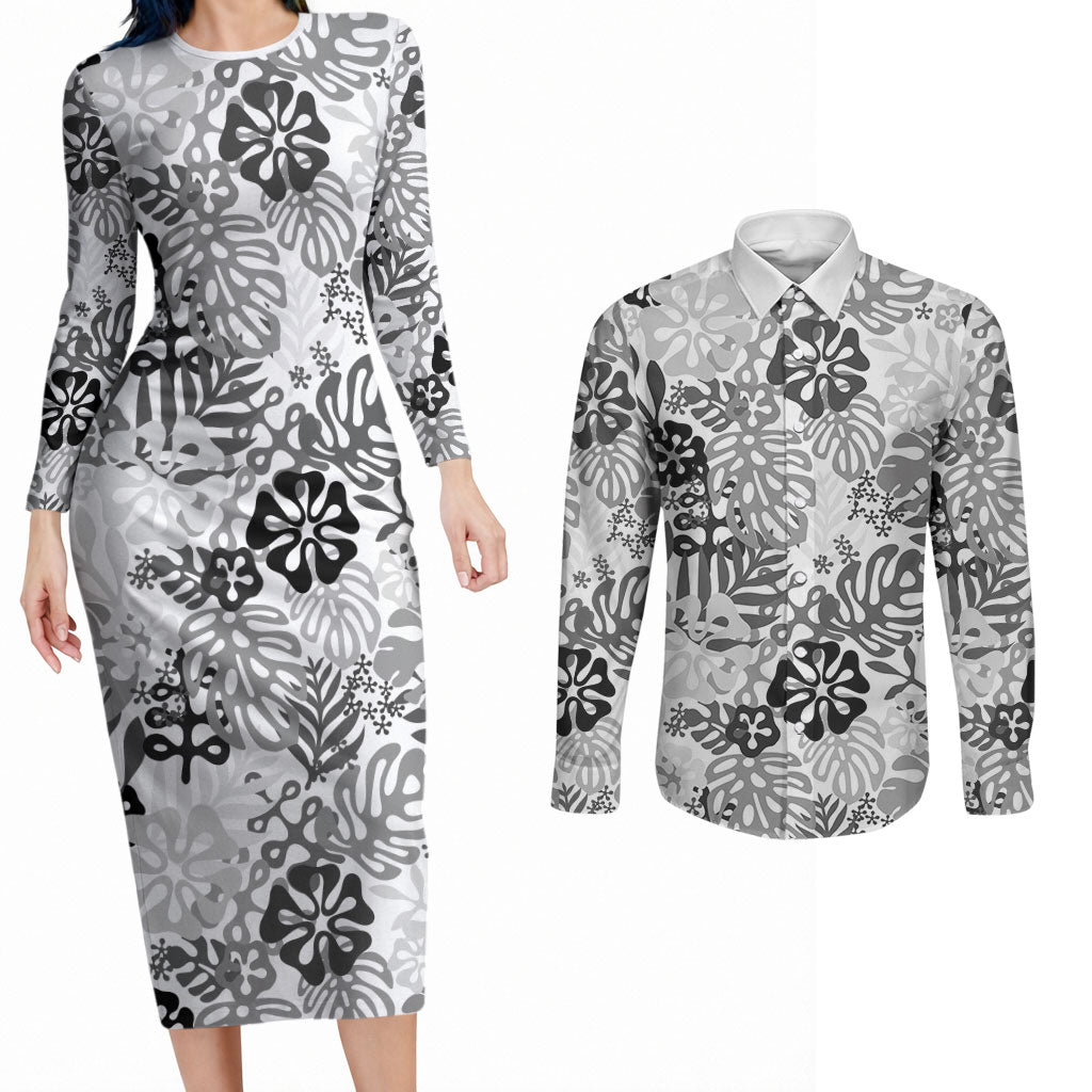 White Aloha Hawaiian Couples Matching Long Sleeve Bodycon Dress and Long Sleeve Button Shirt Monstera Hibiscus Tropical Pattern