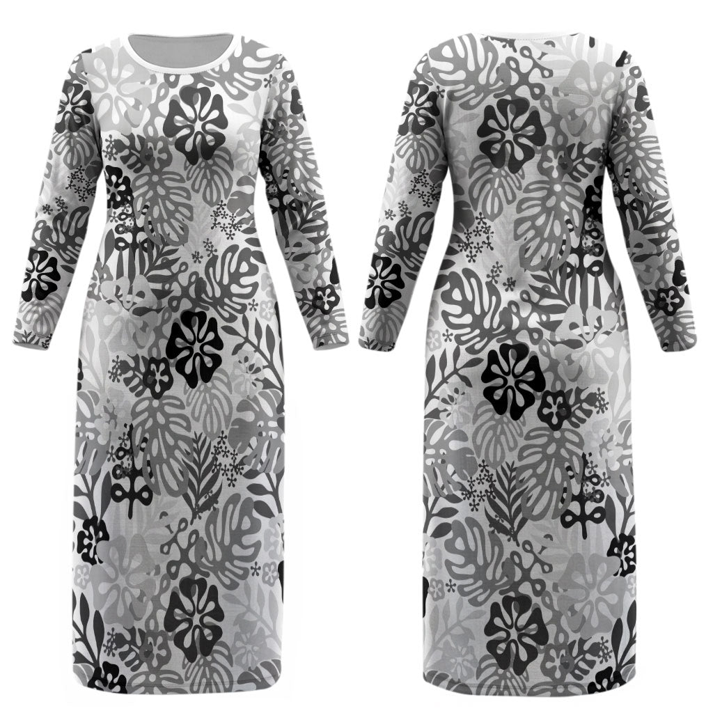 White Aloha Hawaiian Couples Matching Long Sleeve Bodycon Dress and Long Sleeve Button Shirt Monstera Hibiscus Tropical Pattern