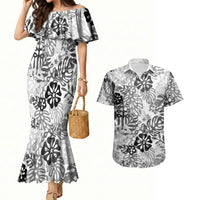 White Aloha Hawaiian Couples Matching Mermaid Dress and Hawaiian Shirt Monstera Hibiscus Tropical Pattern