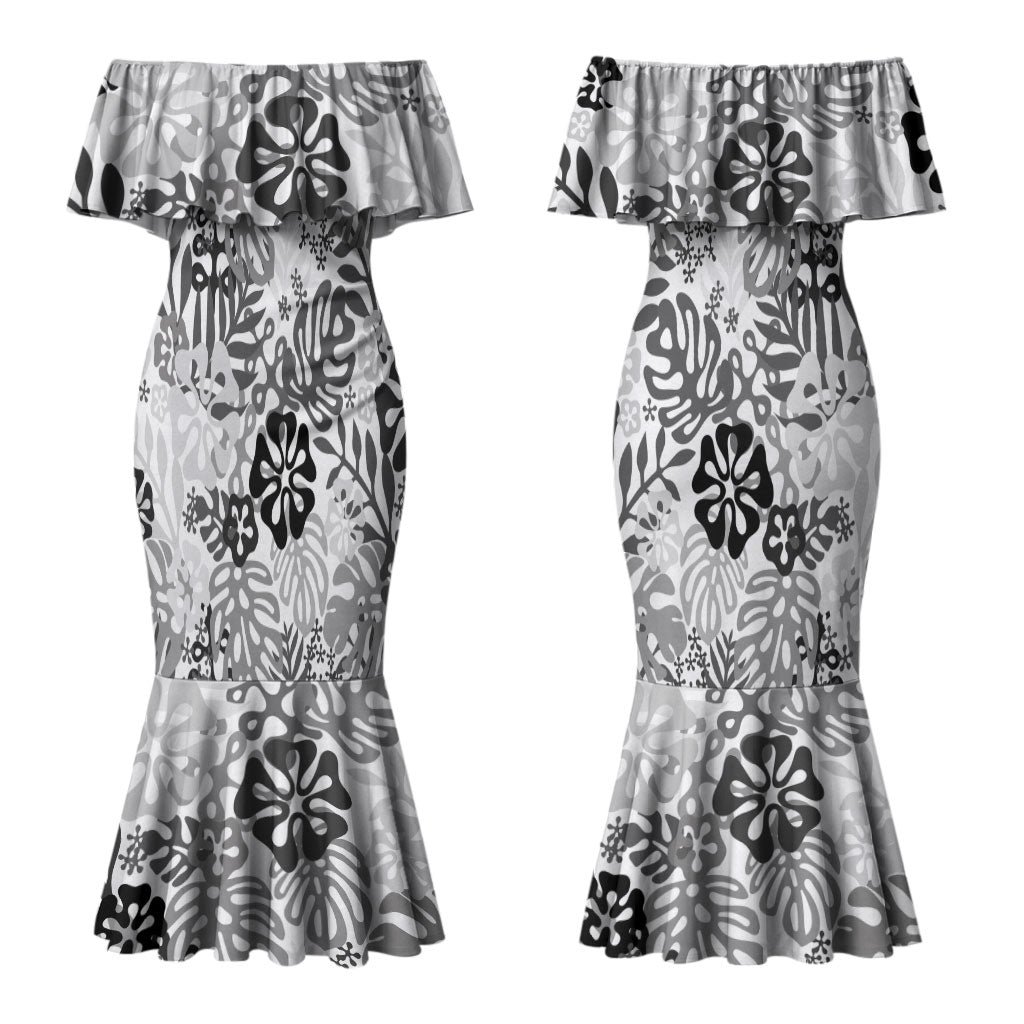 White Aloha Hawaiian Couples Matching Mermaid Dress and Hawaiian Shirt Monstera Hibiscus Tropical Pattern