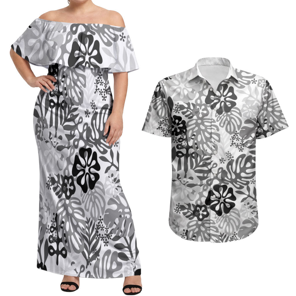 White Aloha Hawaiian Couples Matching Off Shoulder Maxi Dress and Hawaiian Shirt Monstera Hibiscus Tropical Pattern