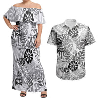 White Aloha Hawaiian Couples Matching Off Shoulder Maxi Dress and Hawaiian Shirt Monstera Hibiscus Tropical Pattern