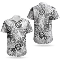 White Aloha Hawaiian Couples Matching Off Shoulder Maxi Dress and Hawaiian Shirt Monstera Hibiscus Tropical Pattern