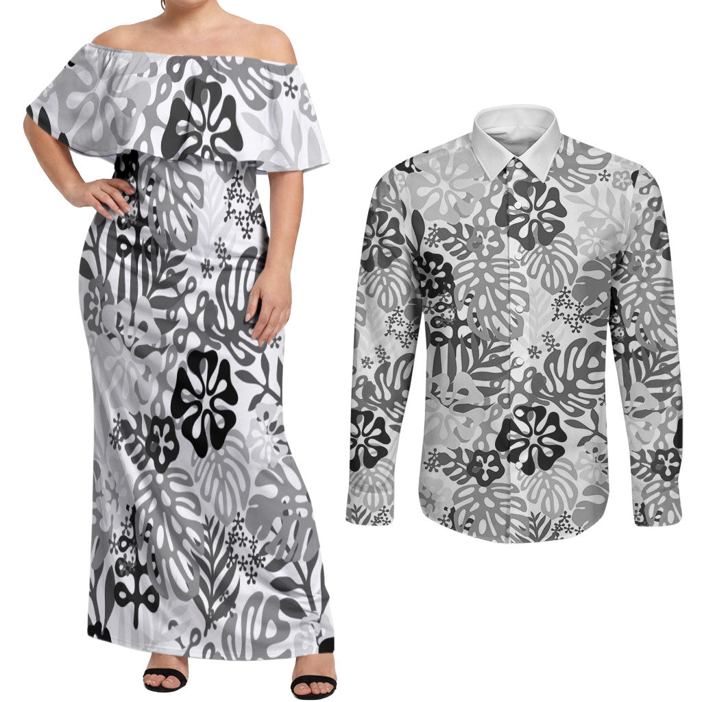 White Aloha Hawaiian Couples Matching Off Shoulder Maxi Dress and Long Sleeve Button Shirt Monstera Hibiscus Tropical Pattern