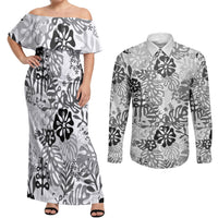 White Aloha Hawaiian Couples Matching Off Shoulder Maxi Dress and Long Sleeve Button Shirt Monstera Hibiscus Tropical Pattern
