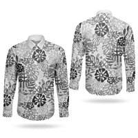 White Aloha Hawaiian Couples Matching Off Shoulder Maxi Dress and Long Sleeve Button Shirt Monstera Hibiscus Tropical Pattern