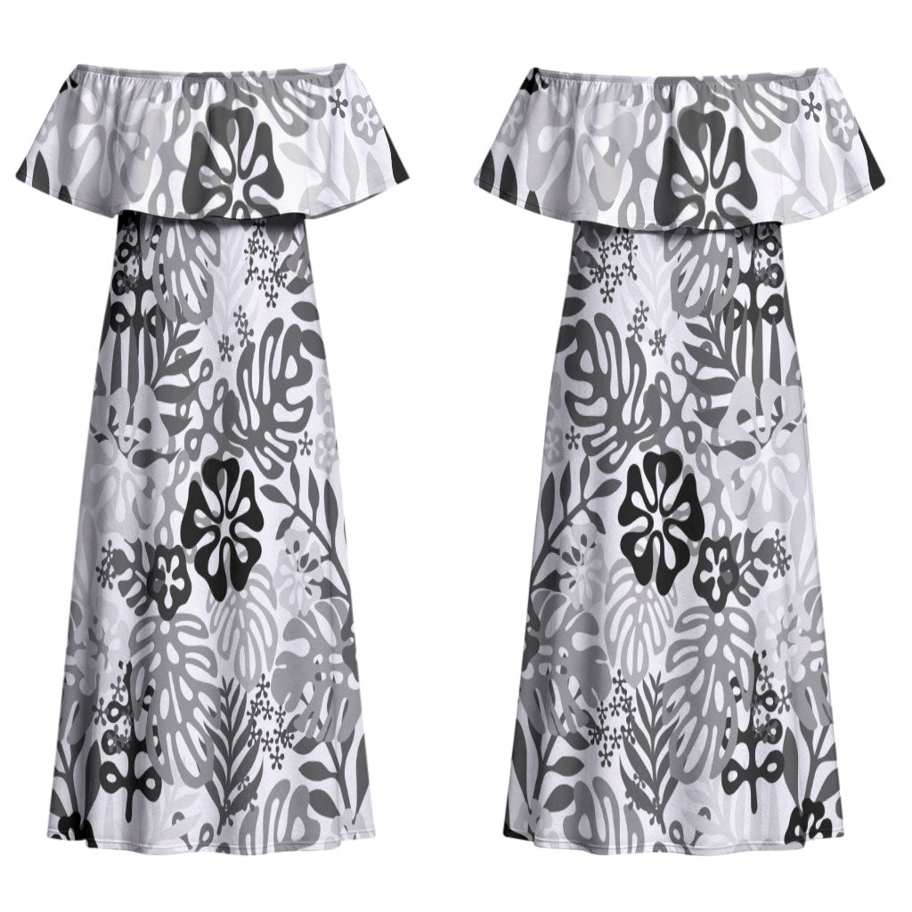 White Aloha Hawaiian Couples Matching Off Shoulder Maxi Dress and Long Sleeve Button Shirt Monstera Hibiscus Tropical Pattern