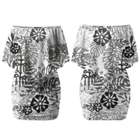 White Aloha Hawaiian Couples Matching Off Shoulder Short Dress and Hawaiian Shirt Monstera Hibiscus Tropical Pattern