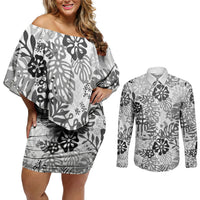 White Aloha Hawaiian Couples Matching Off Shoulder Short Dress and Long Sleeve Button Shirt Monstera Hibiscus Tropical Pattern