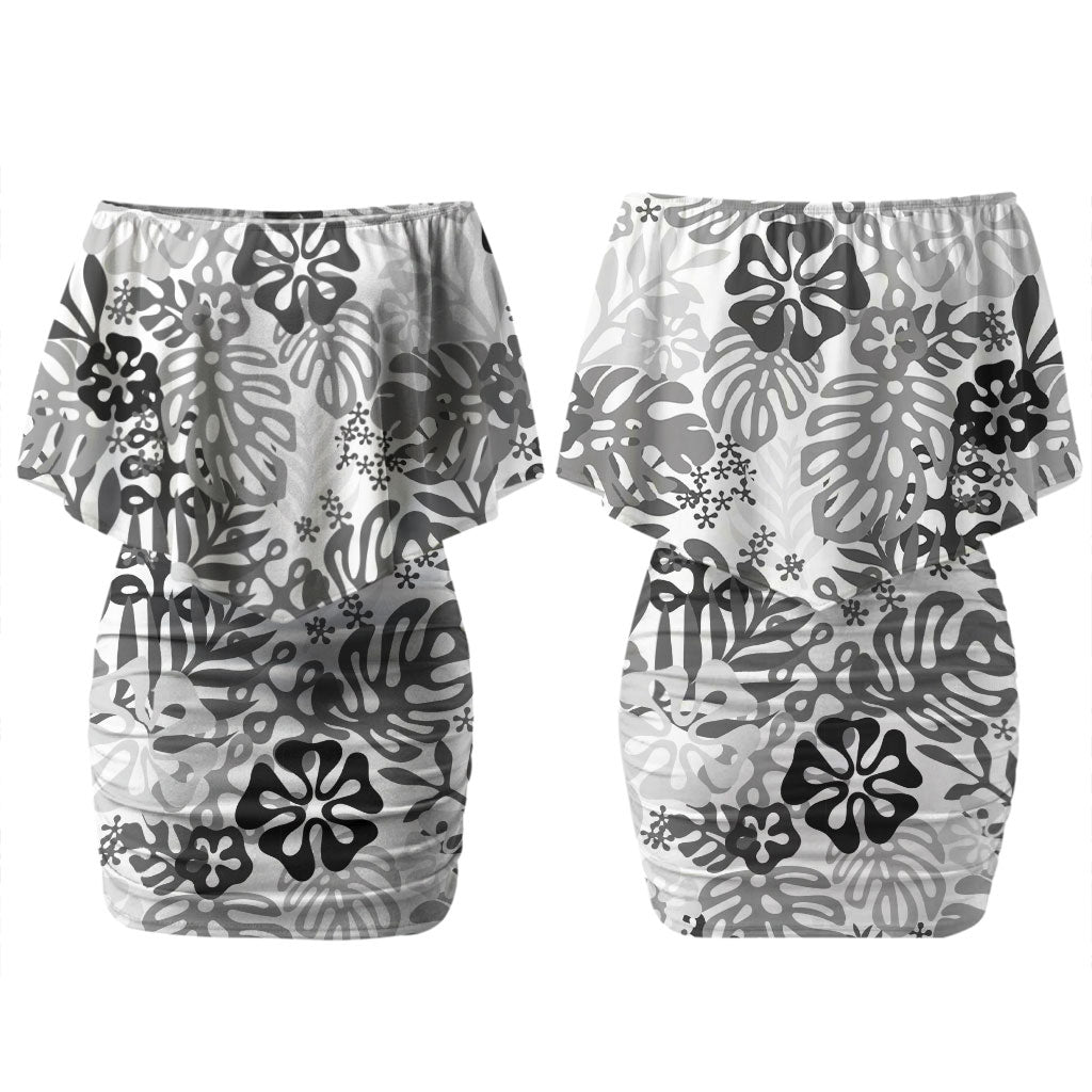 White Aloha Hawaiian Couples Matching Off Shoulder Short Dress and Long Sleeve Button Shirt Monstera Hibiscus Tropical Pattern