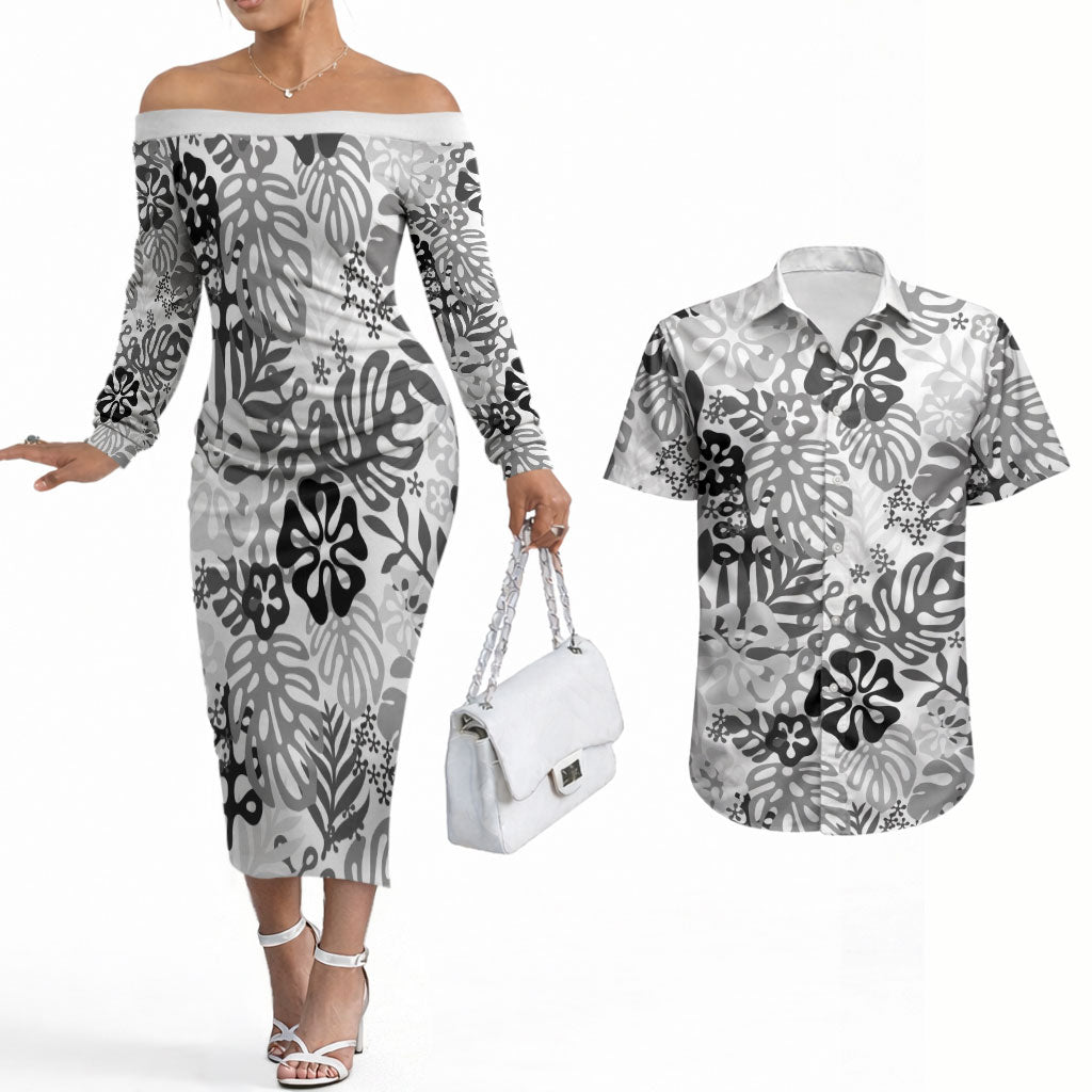 White Aloha Hawaiian Couples Matching Off The Shoulder Long Sleeve Dress and Hawaiian Shirt Monstera Hibiscus Tropical Pattern
