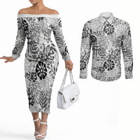 White Aloha Hawaiian Couples Matching Off The Shoulder Long Sleeve Dress and Long Sleeve Button Shirt Monstera Hibiscus Tropical Pattern
