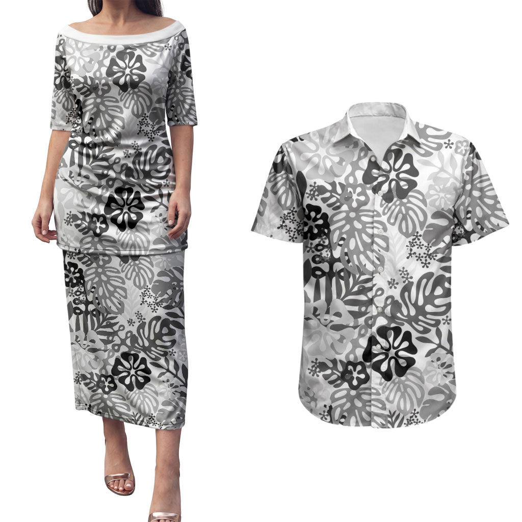 White Aloha Hawaiian Couples Matching Puletasi and Hawaiian Shirt Monstera Hibiscus Tropical Pattern