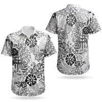 White Aloha Hawaiian Couples Matching Puletasi and Hawaiian Shirt Monstera Hibiscus Tropical Pattern