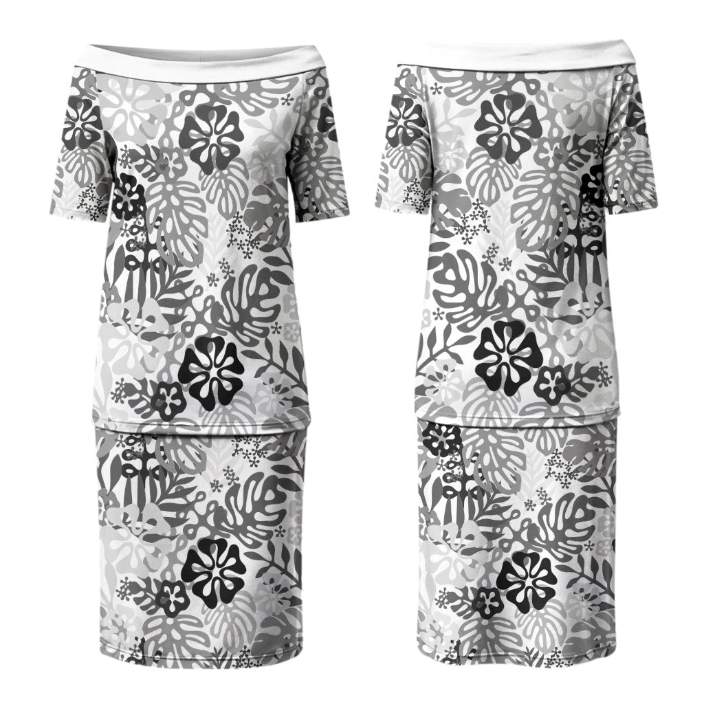 White Aloha Hawaiian Couples Matching Puletasi and Long Sleeve Button Shirt Monstera Hibiscus Tropical Pattern