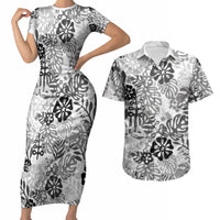 White Aloha Hawaiian Couples Matching Short Sleeve Bodycon Dress and Hawaiian Shirt Monstera Hibiscus Tropical Pattern