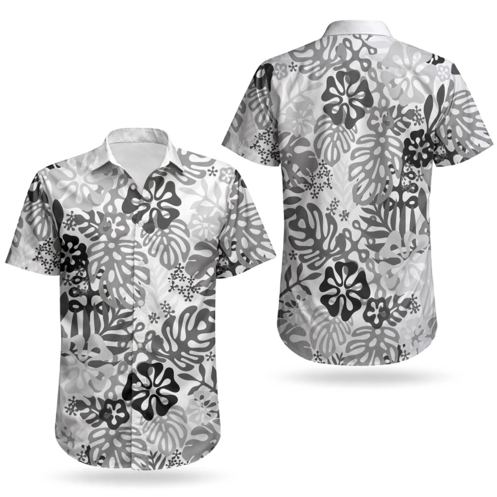 White Aloha Hawaiian Couples Matching Short Sleeve Bodycon Dress and Hawaiian Shirt Monstera Hibiscus Tropical Pattern