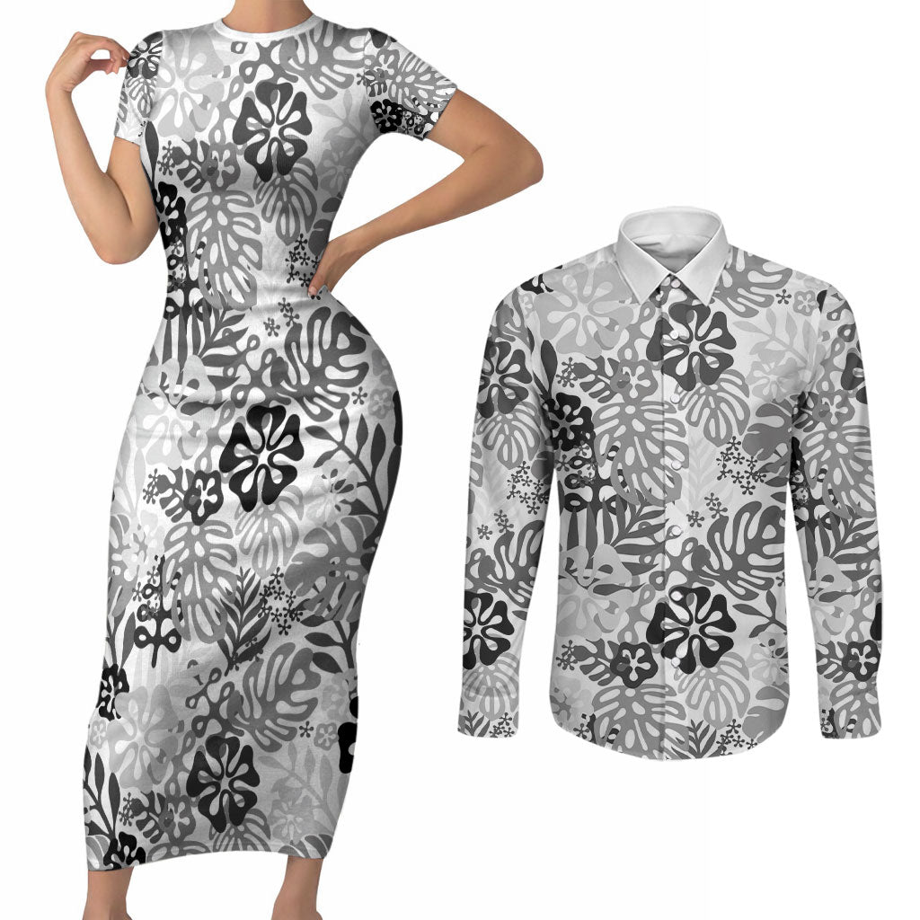White Aloha Hawaiian Couples Matching Short Sleeve Bodycon Dress and Long Sleeve Button Shirt Monstera Hibiscus Tropical Pattern
