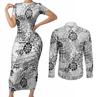 White Aloha Hawaiian Couples Matching Short Sleeve Bodycon Dress and Long Sleeve Button Shirt Monstera Hibiscus Tropical Pattern