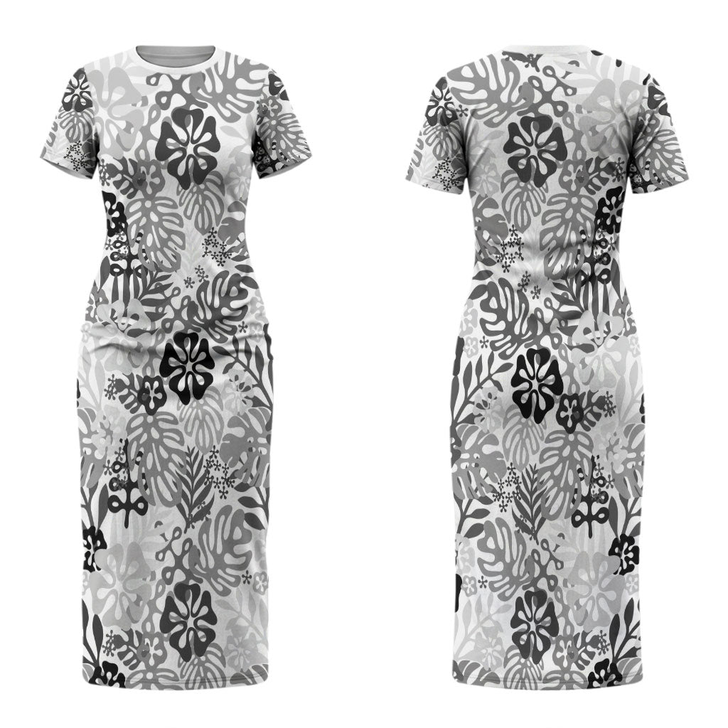 White Aloha Hawaiian Couples Matching Short Sleeve Bodycon Dress and Long Sleeve Button Shirt Monstera Hibiscus Tropical Pattern