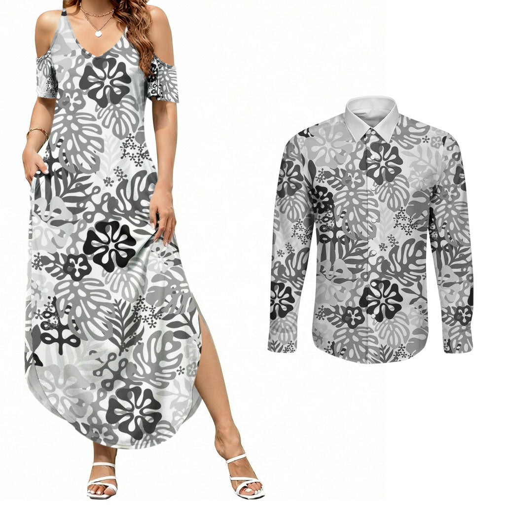 White Aloha Hawaiian Couples Matching Summer Maxi Dress and Long Sleeve Button Shirt Monstera Hibiscus Tropical Pattern