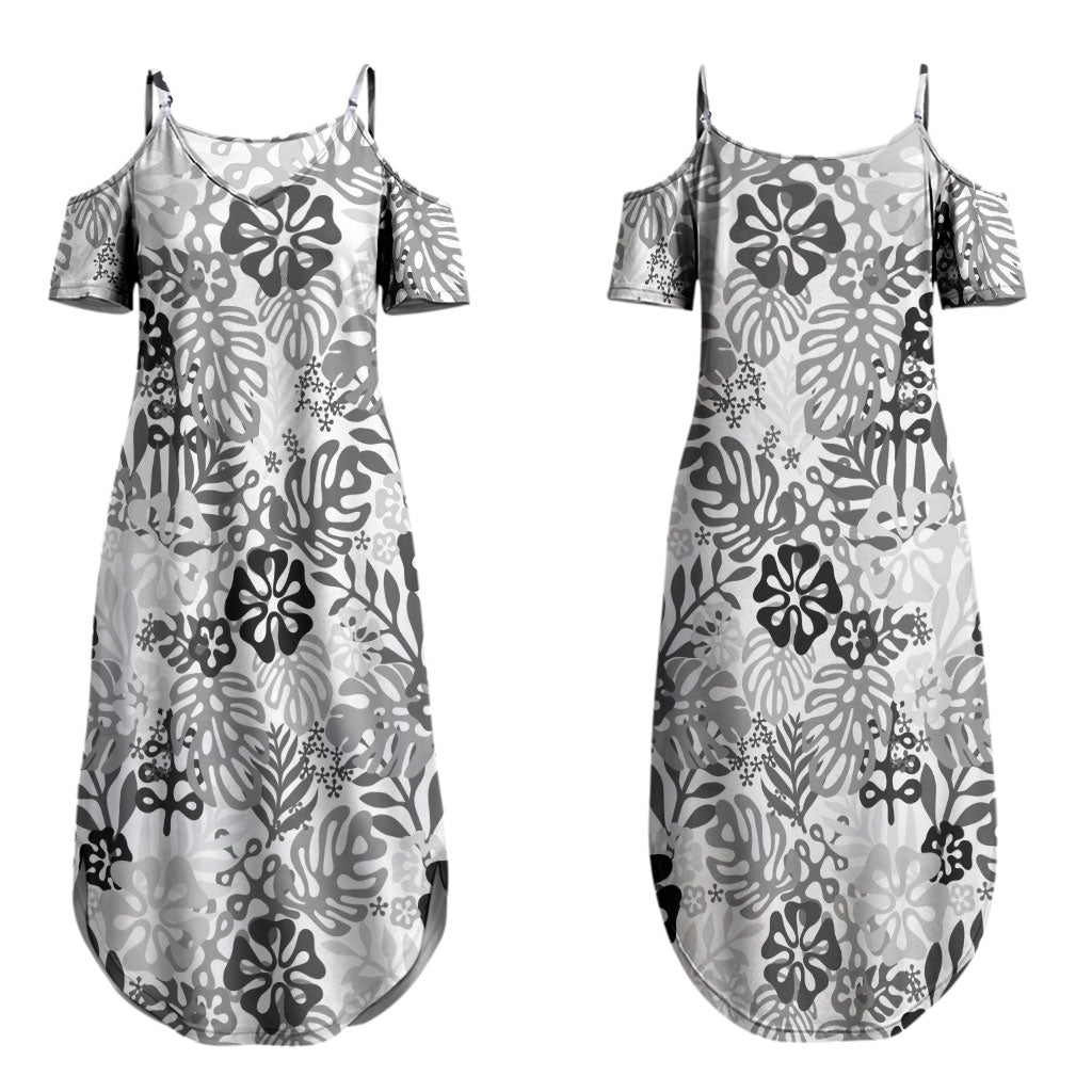 White Aloha Hawaiian Couples Matching Summer Maxi Dress and Long Sleeve Button Shirt Monstera Hibiscus Tropical Pattern