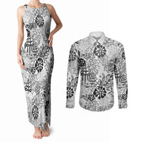 White Aloha Hawaiian Couples Matching Tank Maxi Dress and Long Sleeve Button Shirt Monstera Hibiscus Tropical Pattern