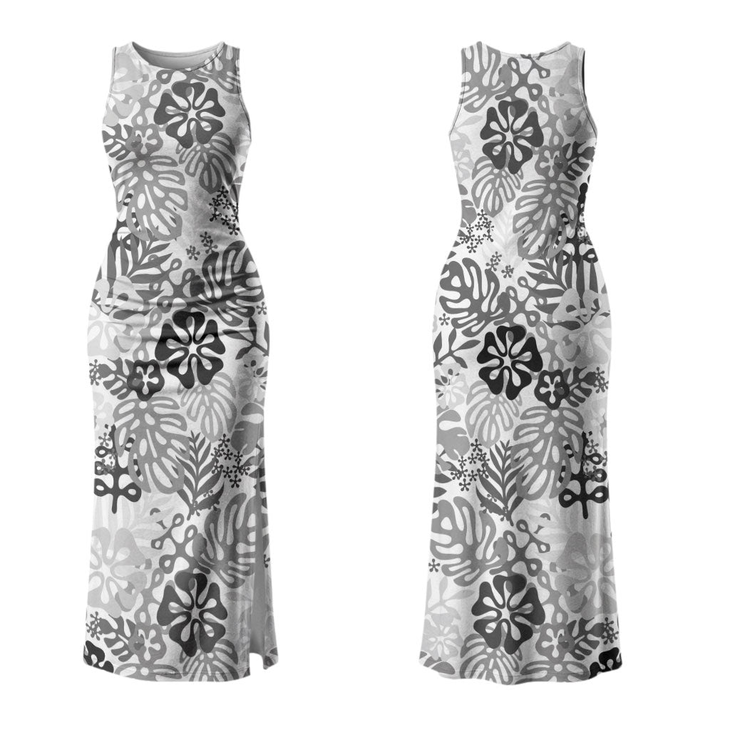 White Aloha Hawaiian Couples Matching Tank Maxi Dress and Long Sleeve Button Shirt Monstera Hibiscus Tropical Pattern