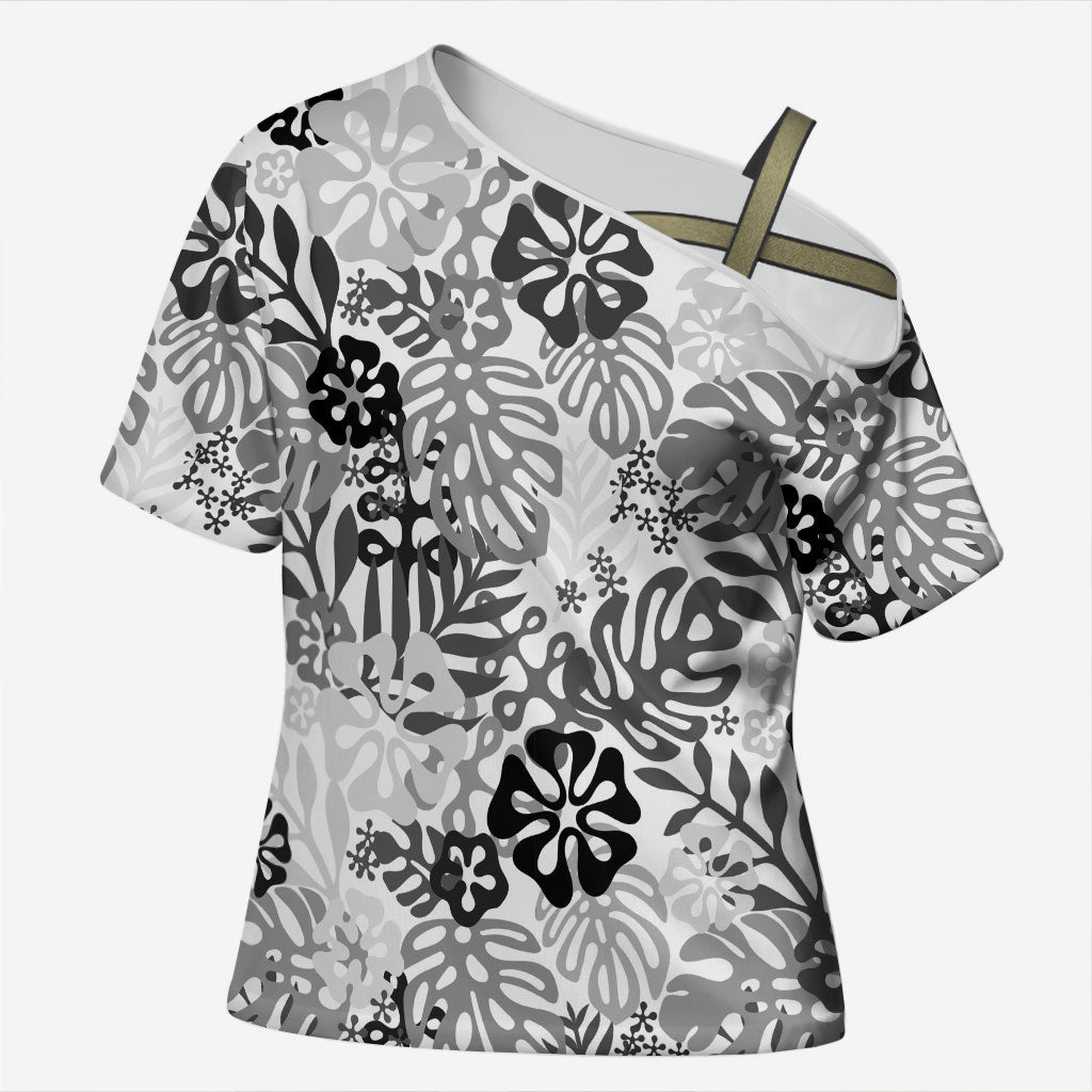 White Aloha Hawaiian Cross Shoulder Shirt Monstera Hibiscus Tropical Pattern