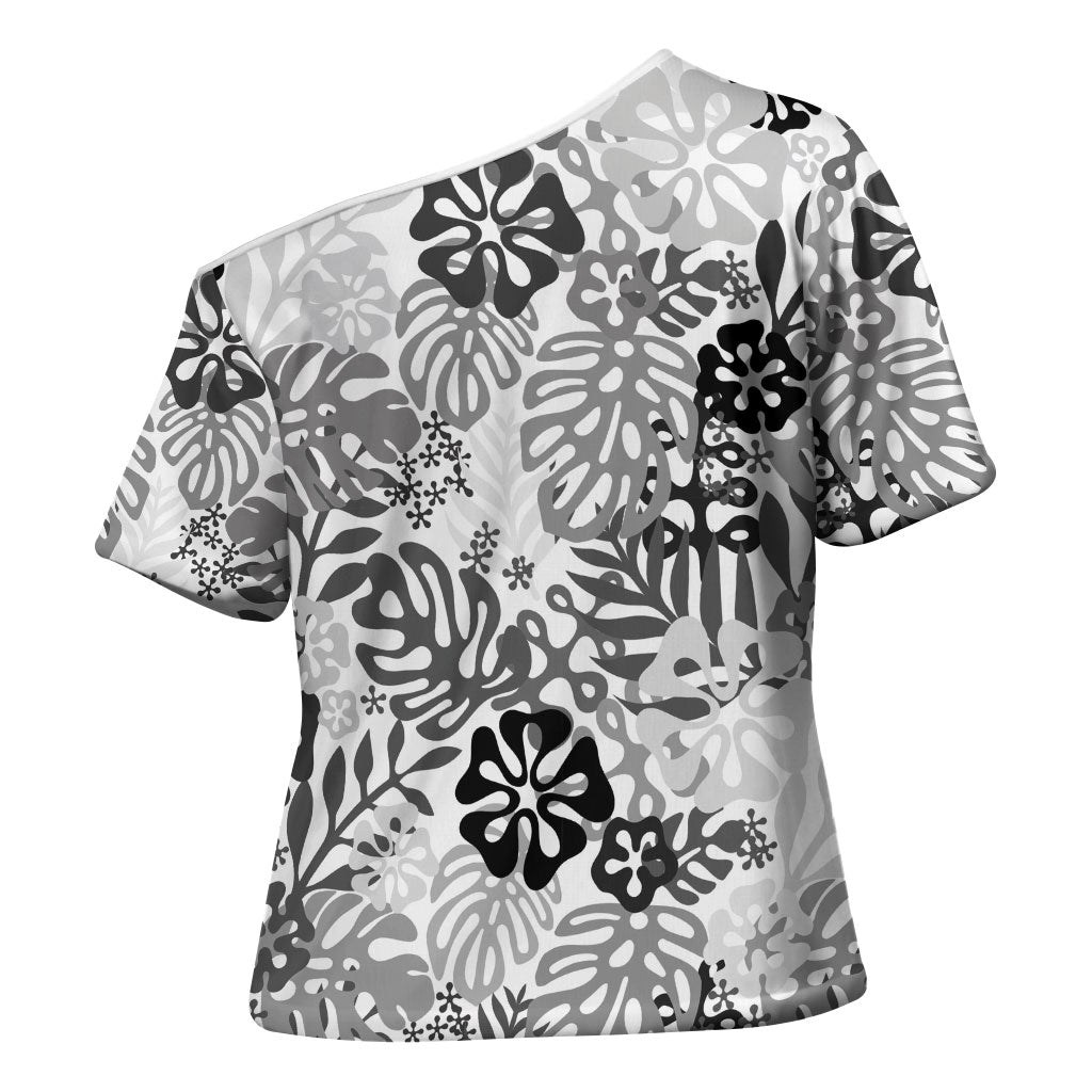 White Aloha Hawaiian Cross Shoulder Shirt Monstera Hibiscus Tropical Pattern