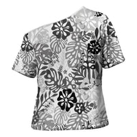 White Aloha Hawaiian Cross Shoulder Shirt Monstera Hibiscus Tropical Pattern