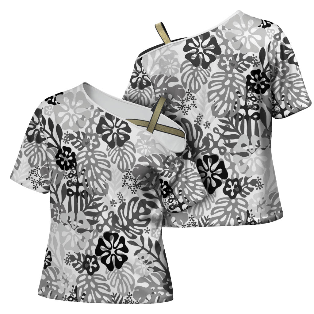 White Aloha Hawaiian Cross Shoulder Shirt Monstera Hibiscus Tropical Pattern