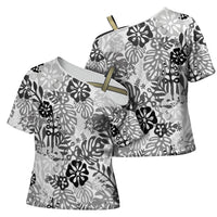White Aloha Hawaiian Cross Shoulder Shirt Monstera Hibiscus Tropical Pattern
