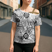White Aloha Hawaiian Cross Shoulder Shirt Monstera Hibiscus Tropical Pattern