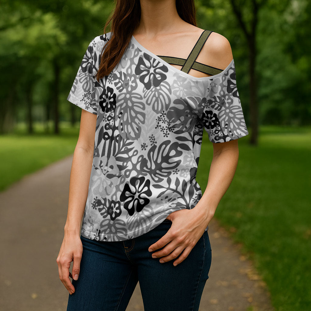 White Aloha Hawaiian Cross Shoulder Shirt Monstera Hibiscus Tropical Pattern