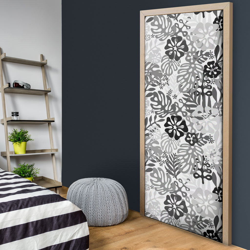 White Aloha Hawaiian Door Cover Monstera Hibiscus Tropical Pattern